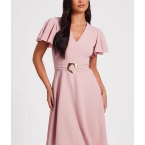 Quiz Midi Dress Dusyy Pink Size 8 Puff Short Sleeve Flutter Ruffle NEW - Picture 1 of 10